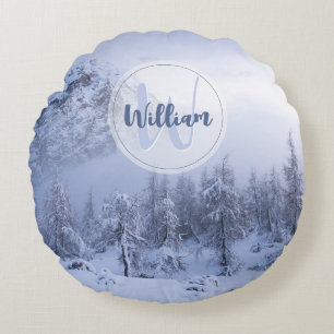 Winter wonderland fog spruce forest snow monogram round pillow