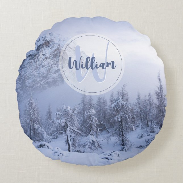 Winter wonderland fog spruce forest snow monogram round pillow (Front)