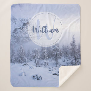 Winter wonderland fog spruce forest snow monogram sherpa blanket