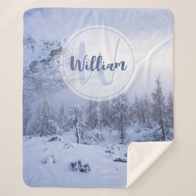 Winter wonderland fog spruce forest snow monogram sherpa blanket (Front)