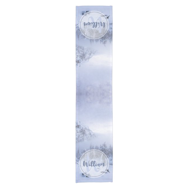 Winter wonderland fog spruce forest snow monogram short table runner (Front)