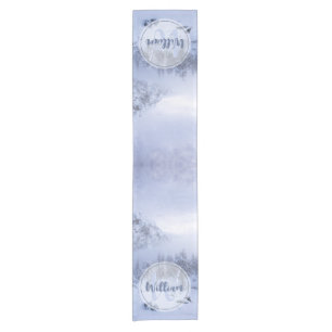 Winter wonderland fog spruce forest snow monogram short table runner