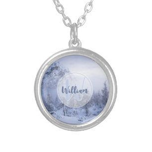Winter wonderland fog spruce forest snow monogram silver plated necklace