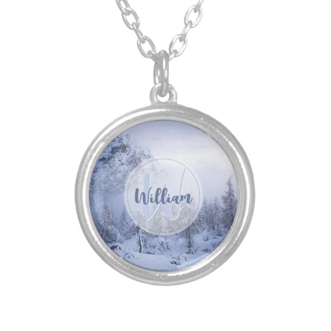 Winter wonderland fog spruce forest snow monogram silver plated necklace (Front)