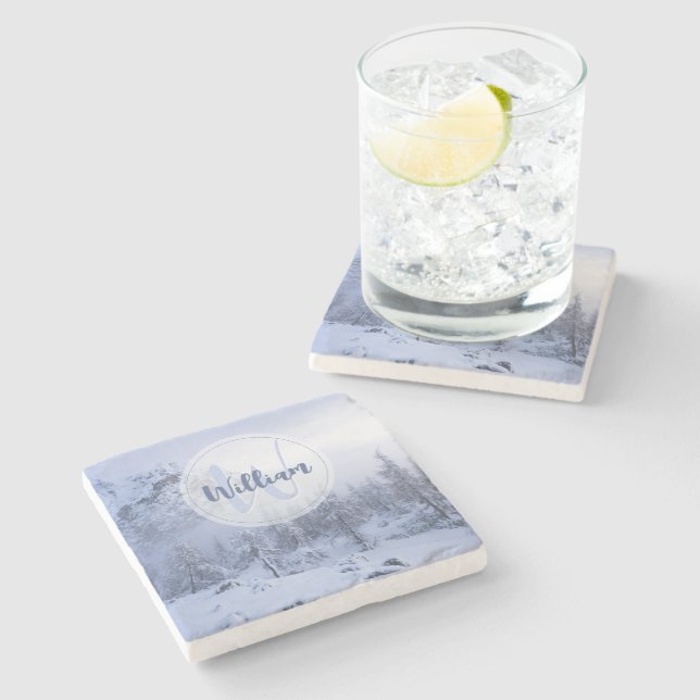 Winter wonderland fog spruce forest snow monogram stone coaster (Side)