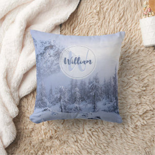 Winter wonderland fog spruce forest snow monogram throw pillow