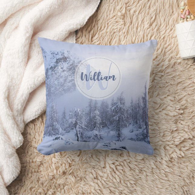 Winter wonderland fog spruce forest snow monogram throw pillow (Blanket)