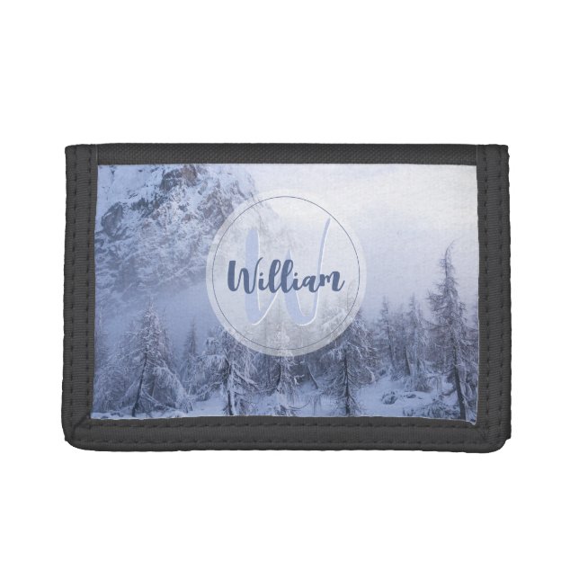 Winter wonderland fog spruce forest snow monogram trifold wallet (Front)