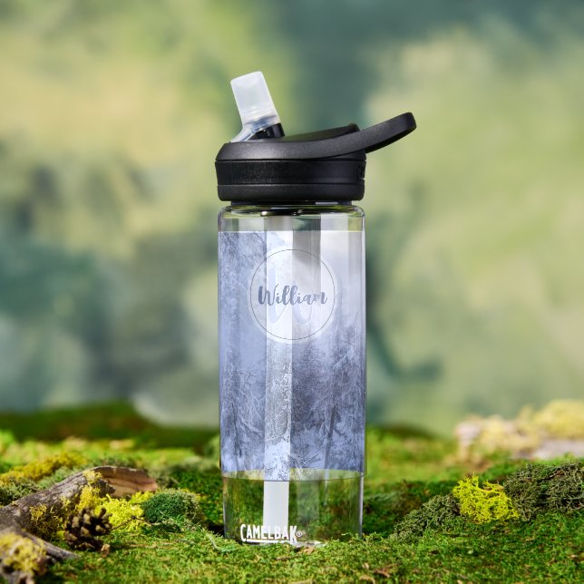 Winter wonderland fog spruce forest snow monogram  water bottle (Outdoor)