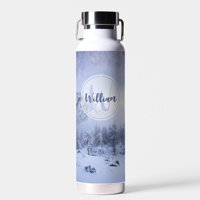 Winter wonderland fog spruce forest snow monogram  water bottle (Front)