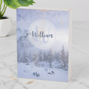 Winter wonderland fog spruce forest snow monogram wooden box sign