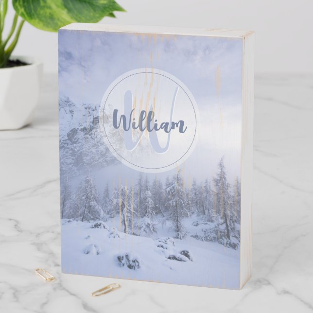 Winter wonderland fog spruce forest snow monogram wooden box sign (In Situ Vertical)