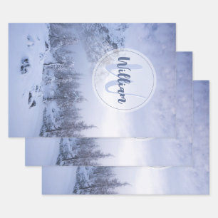 Winter wonderland fog spruce forest snow monogram wrapping paper sheets