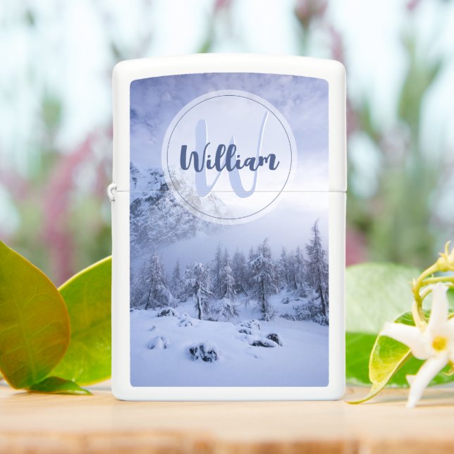Winter wonderland fog spruce forest snow monogram zippo lighter (On Table)