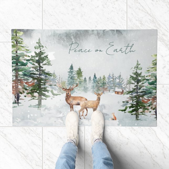 Winter Wonderland Forest Animals Peace On Earth Doormat (Indoor)