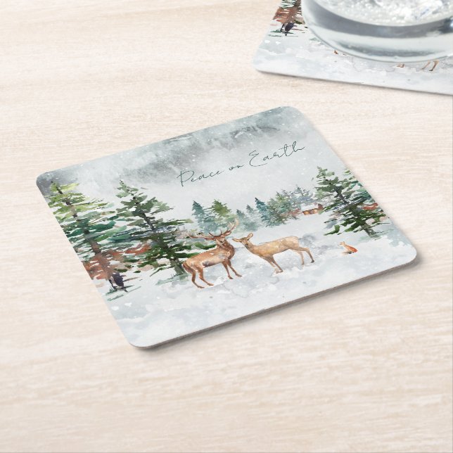 Winter Wonderland Forest Animals Peace On Earth Square Paper Coaster (Angled)