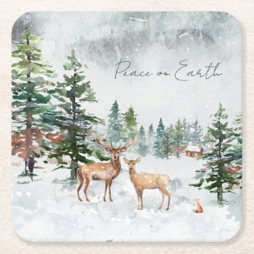 Winter Wonderland Forest Animals Peace On Earth Square Paper Coaster