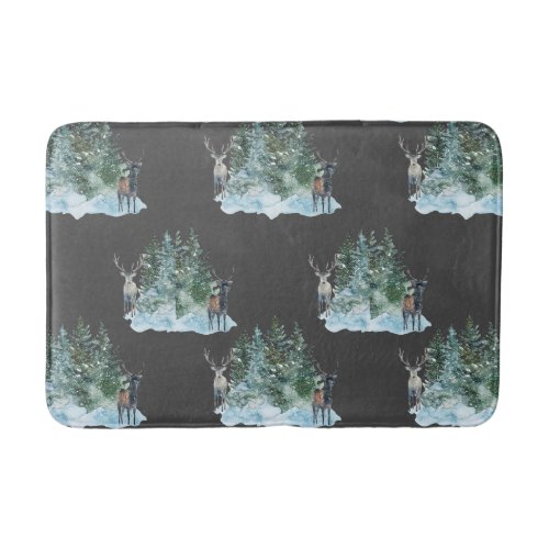 Winter Wonderland Forest Antlers Pine Trees Bath Mat