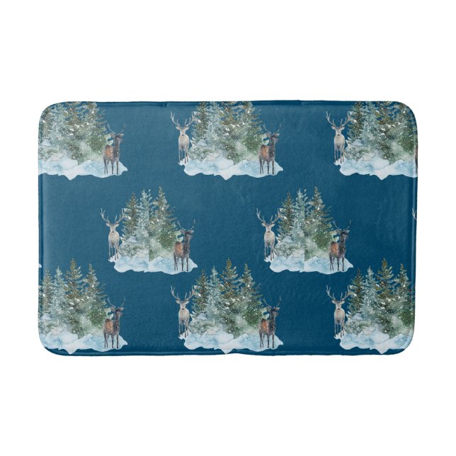 Winter Wonderland Forest Antlers Pine Trees Bath Mat (Front)