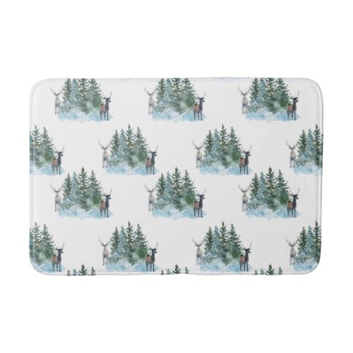 Winter Wonderland Forest Antlers Pine Trees Bath Mat