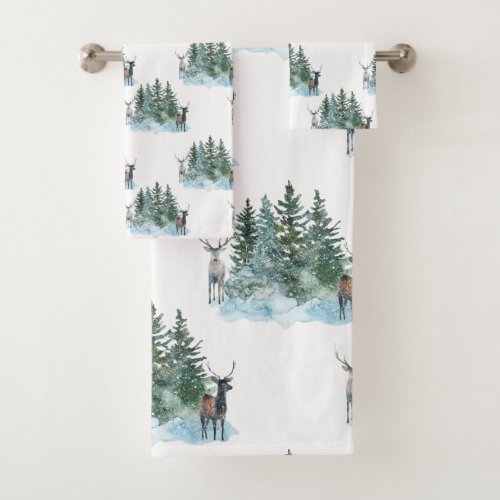 Winter Wonderland Forest Antlers Pine Trees Bath Towel Set