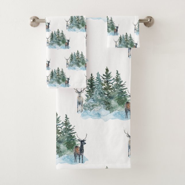 Winter Wonderland Forest Antlers Pine Trees Bath Towel Set (Insitu)
