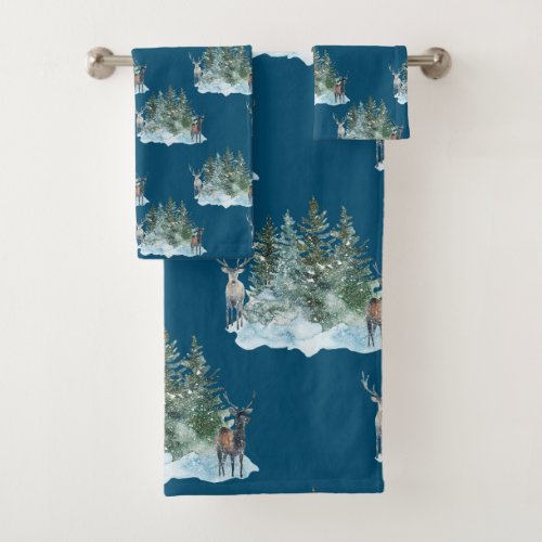 Winter Wonderland Forest Antlers Pine Trees Bath Towel Set