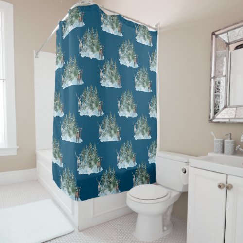 Winter Wonderland Forest Antlers Pine Trees Shower Curtain