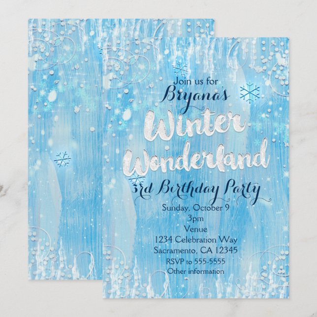 Winter Wonderland Frozen Ice Blue Party Invitation (Front/Back)