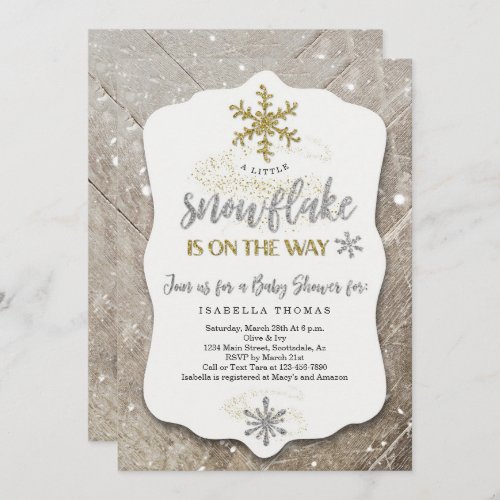 Winter Wonderland Gender Neutral Baby Shower Invitation - A wonderfully silver and gold glittery rustic invitation for a gender neutral Winter Wonderland Baby Shower! Matching registry insert, envelopes, and other items are available in my Winter Wonderland collection.
