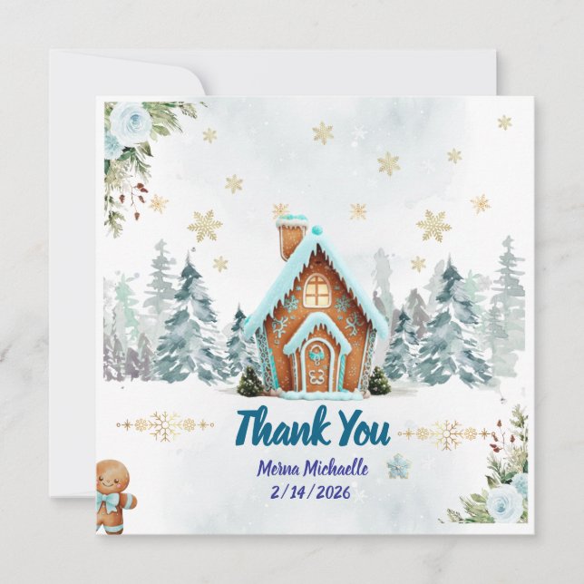 Winter wonderland Gingerbread Baby Shower Thank You Card (Front)