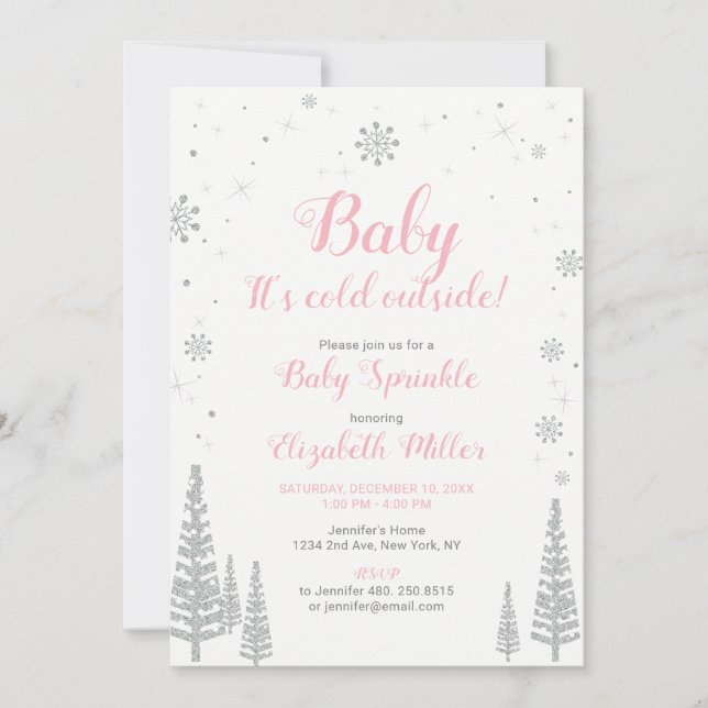 Winter Wonderland, Girl Baby Sprinkle, Pink Silver Invitation (Front)