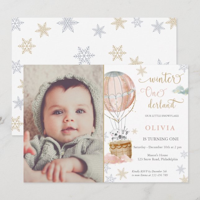 Winter Wonderland Girl first Birthday Photo Invitation (Front/Back)