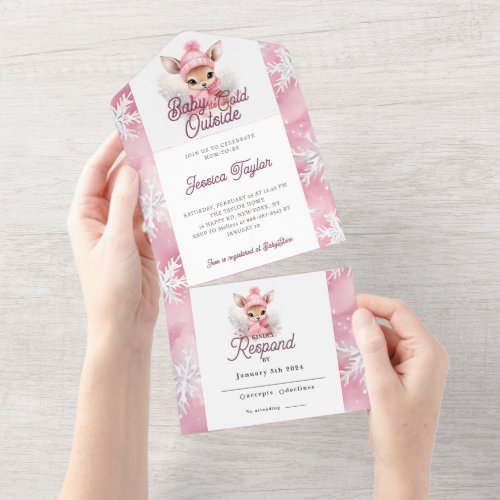 Winter Wonderland Girly Deer Pink White Snowflakes All In One Invitation