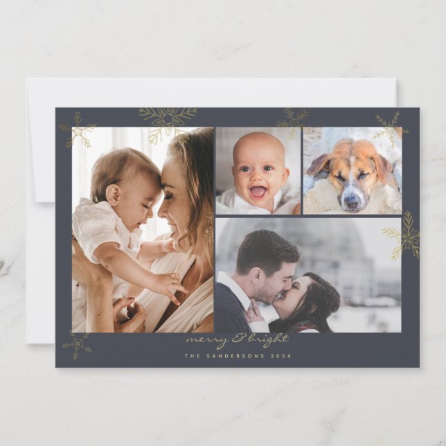 Winter Wonderland Gold Charcoal Family 4 Photos Holiday Card (Front)