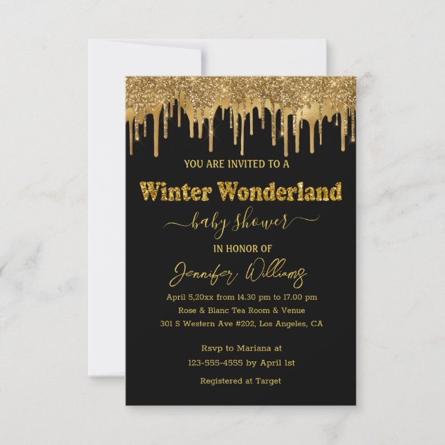 winter wonderland gold glitters baby shower chic invitation (Front)