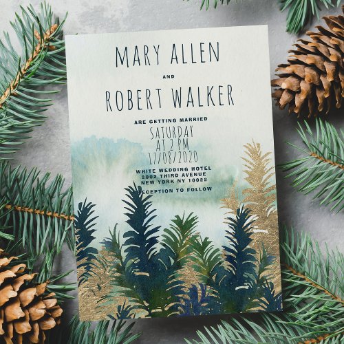 Winter wonderland gold green pine trees wedding invitation