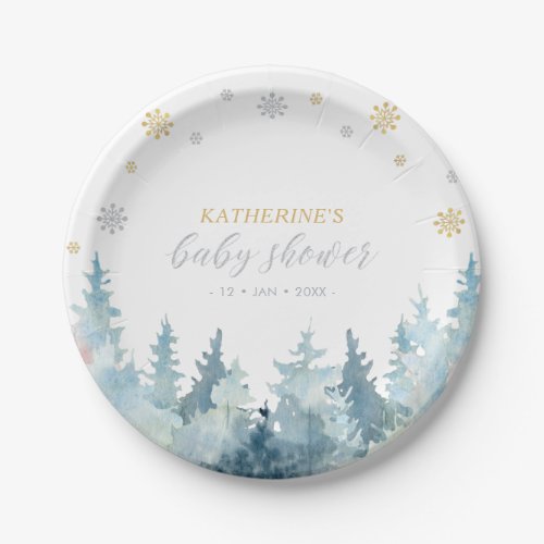 Winter Wonderland Gold  Silver Snow Baby Shower Paper Plates