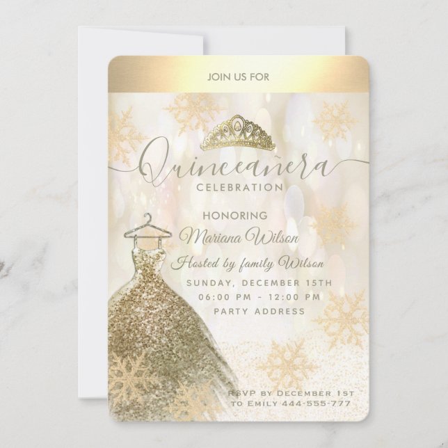 Winter wonderland Gold snowflake bokeh Quinceañera Invitation (Front)