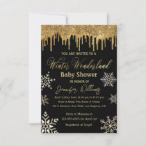 winter wonderland gold snowflakes baby shower  invitation