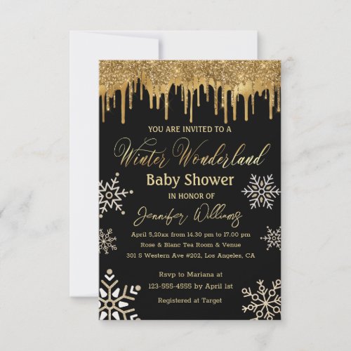 winter wonderland gold snowflakes baby shower  invitation