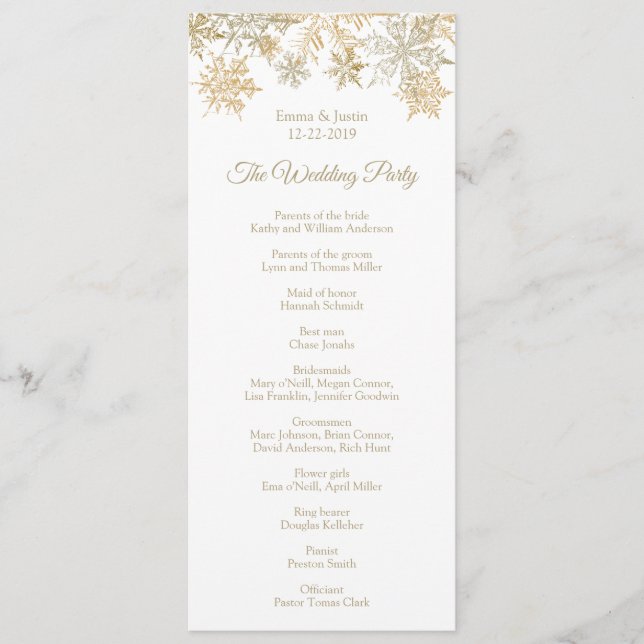 Winter Wonderland Gold Snowflakes Wedding Program (Front)