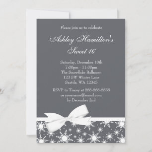 Winter Wonderland Gray Snowflake Bow Sweet 16 Invitation
