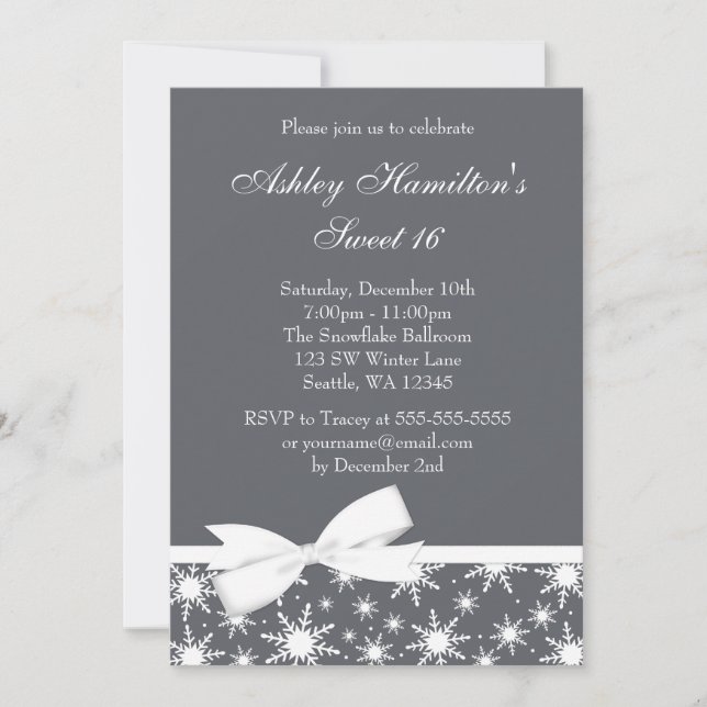 Winter Wonderland Gray Snowflake Bow Sweet 16 Invitation (Front)