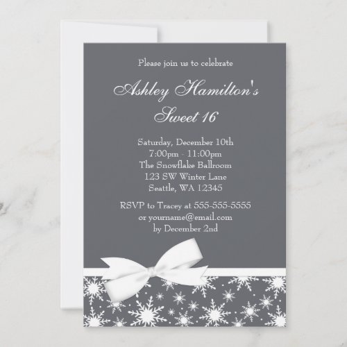 Winter Wonderland Gray Snowflake Bow Sweet 16 Announcements