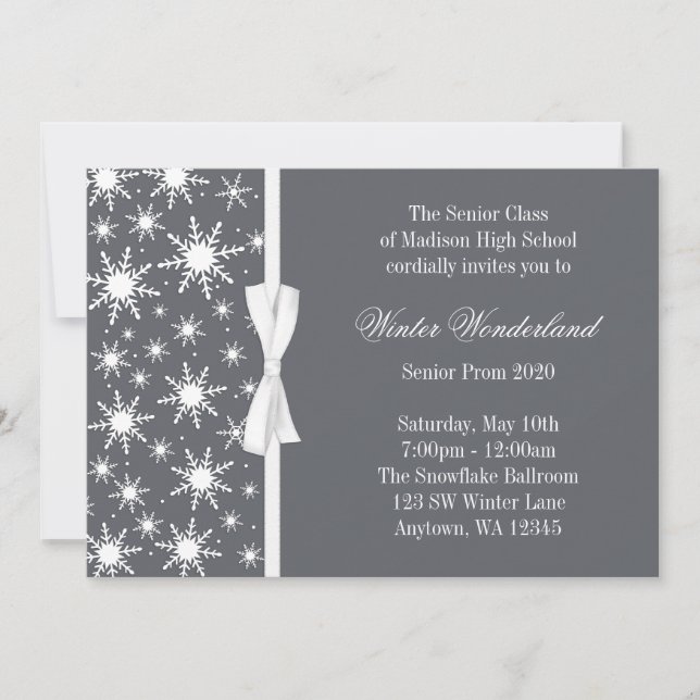Winter Wonderland Gray Snowflakes Bow Prom Invitation (Front)