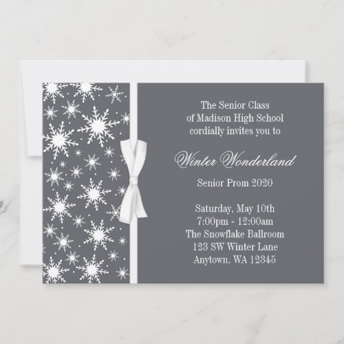 Winter Wonderland Gray Snowflakes Bow Prom Invitation