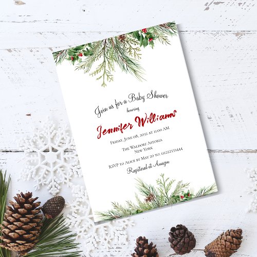 Winter Wonderland Greener Wreath Pine Baby Shower Invitation