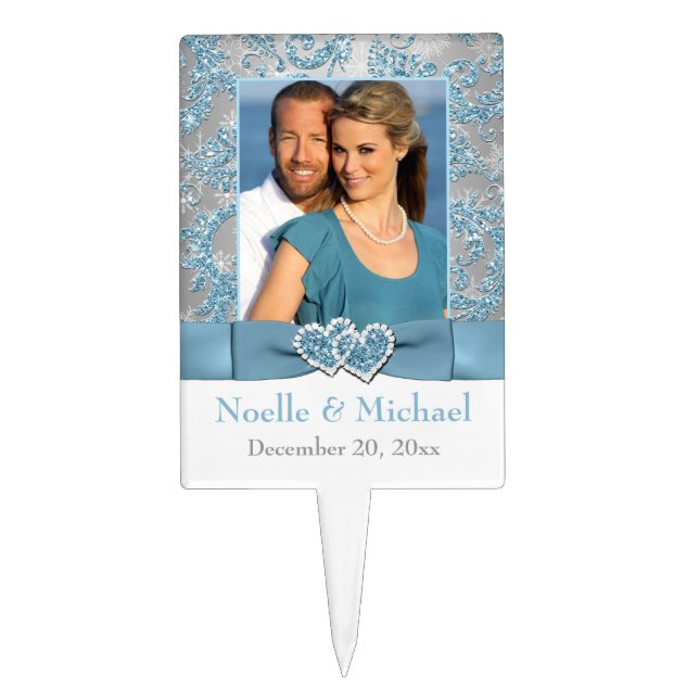 Winter Wonderland, Hearts, PHOTO Wedding Cake Pick (Front)