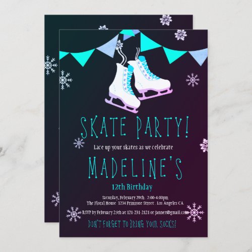 Winter Wonderland Ice Skate Girl Chalkboard Party Invitation